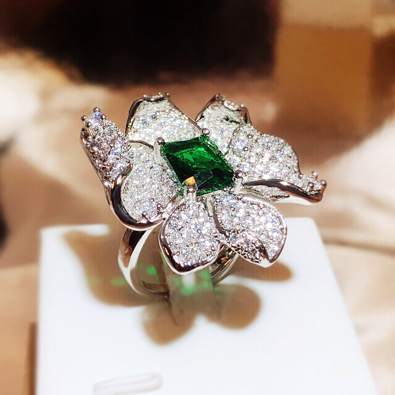 Womens Flower Ring Adjustable Diamond Petal Copper Jewelry