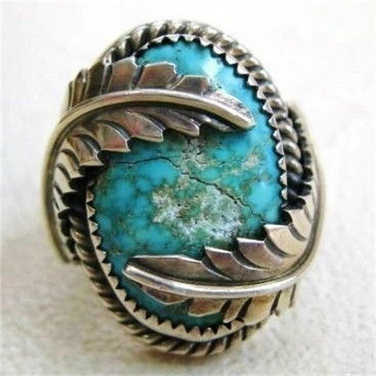 Geometric Alloy Ring With Green Turquoise Stone Retro Electroplated Finish Vintage Style Jewelry For Women Accessories