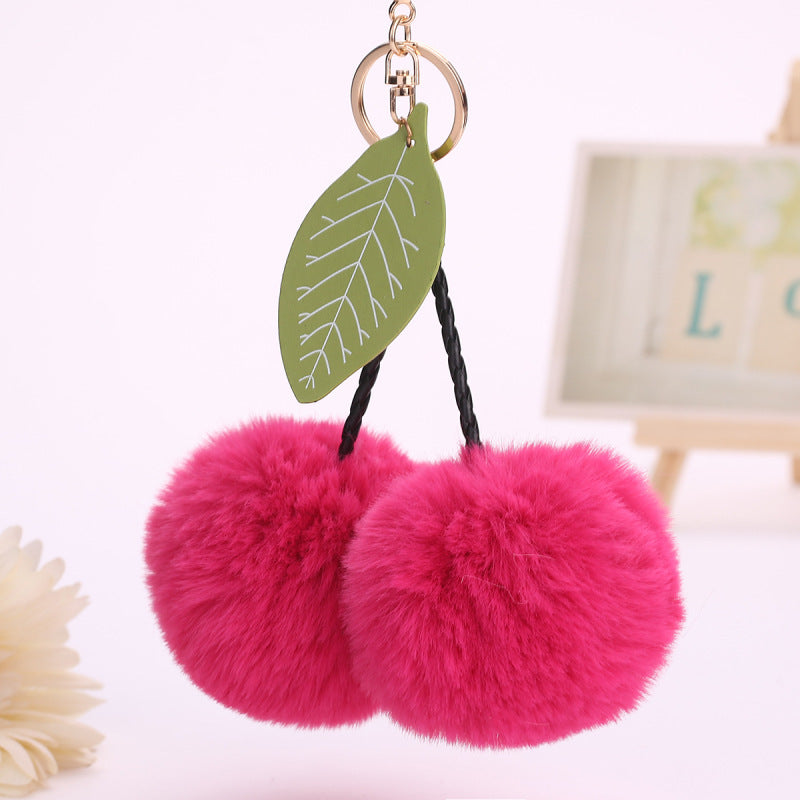 Womens Plush Cherry Keychain Cute Fruit Hair Ball Pendant Fluffy Pom Pom Handbag Charm Fashion Accessory Girls