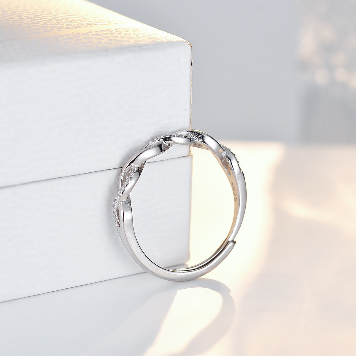 Sterling Silver Twist Ring With Zircon Inlays Adjustable