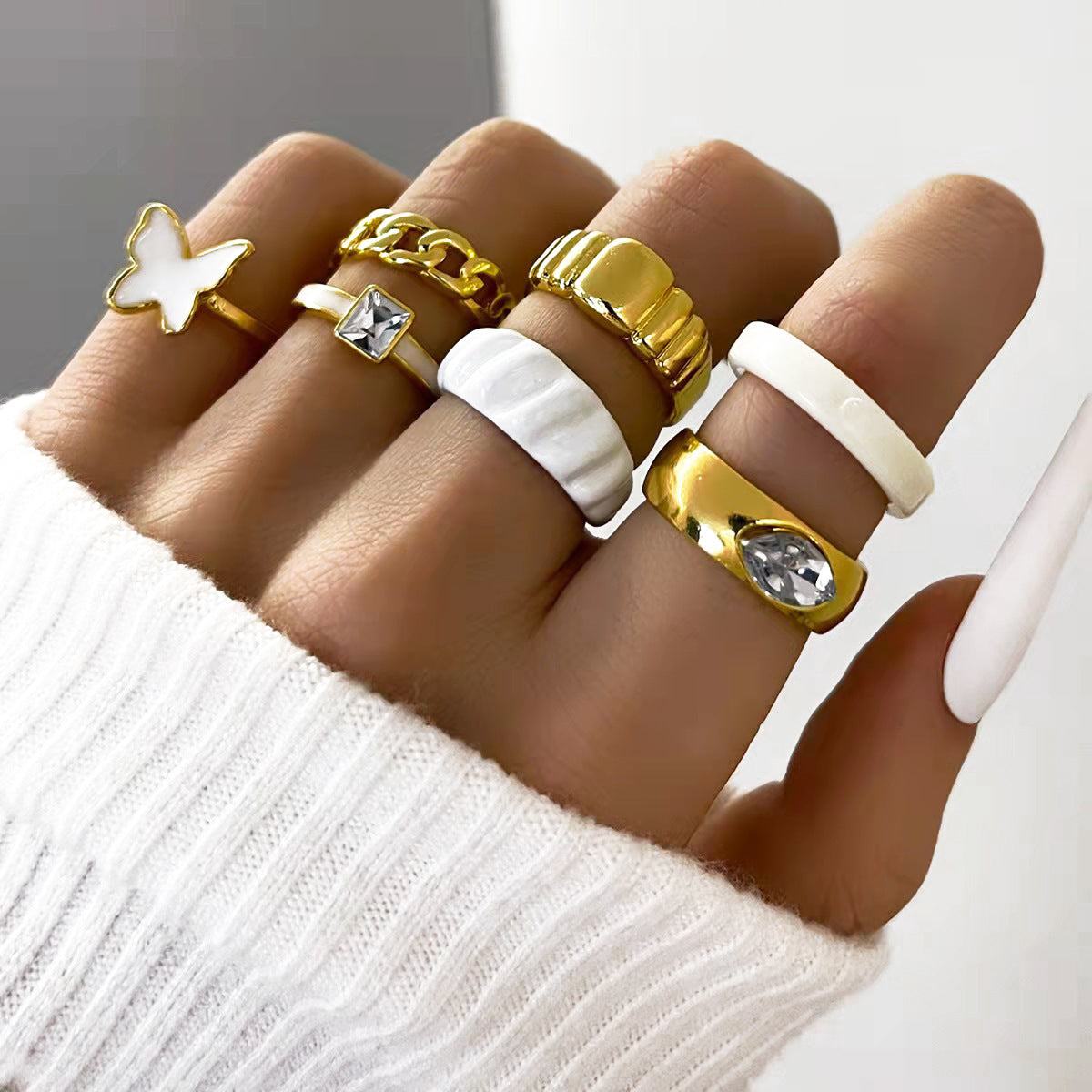 Pearl Ring Set for Women Geometric Alloy Rings Elegant Three Piece Jewelry for Women Pearl Jewelry With Charms