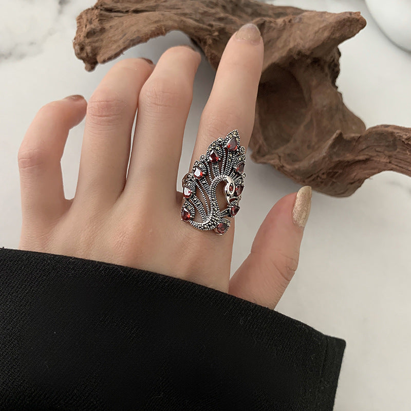 Geometric Adjustable Ring Retro Pattern Hollow Art Exaggerated Thai Style Silver Plated Jewelry For Women Everyday