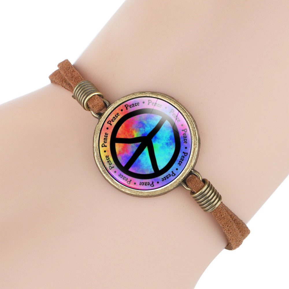 Unisex Leather Bracelet Peace Sign Retro Geometry Pattern With Crystal Inlay And Distressed Finish Packed Gift