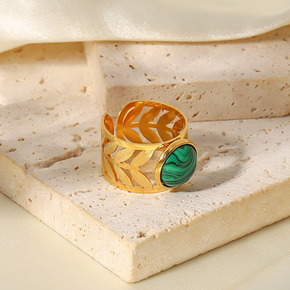 Gold Titanium Steel Ring With Turquoise Inlay Geometric Laser Flower Opening Adjustable Fashion Jewelry Elegant Trend