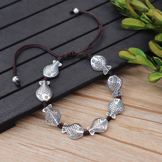 Ethnic Bracelet With Fish Pixiu Heart Flower Elephant Charms Alloy Electroplated National Design Single Bangle