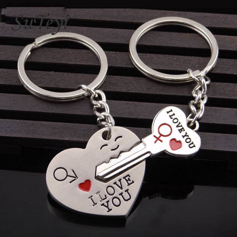 Couple Heart Keychain Set Enamel Zinc Alloy I Love You Heart Lock Pendant Romantic Gift for Lovers Silver Tone