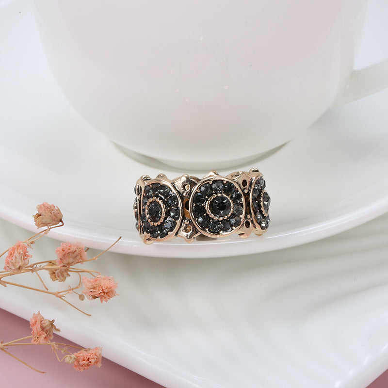 Womens Bohemian Geometric Ring In Antique Gold Plated Alloy With Inlaid Gemstones Vintage Electroplated Sparkle Finish