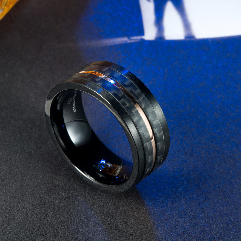 Unisex Ring Black Rose and Carbon Fiber Inlay Stainless Steel Band Travel Souvenir Ring Europe and America Ring Two-Color Black Rose Ring
