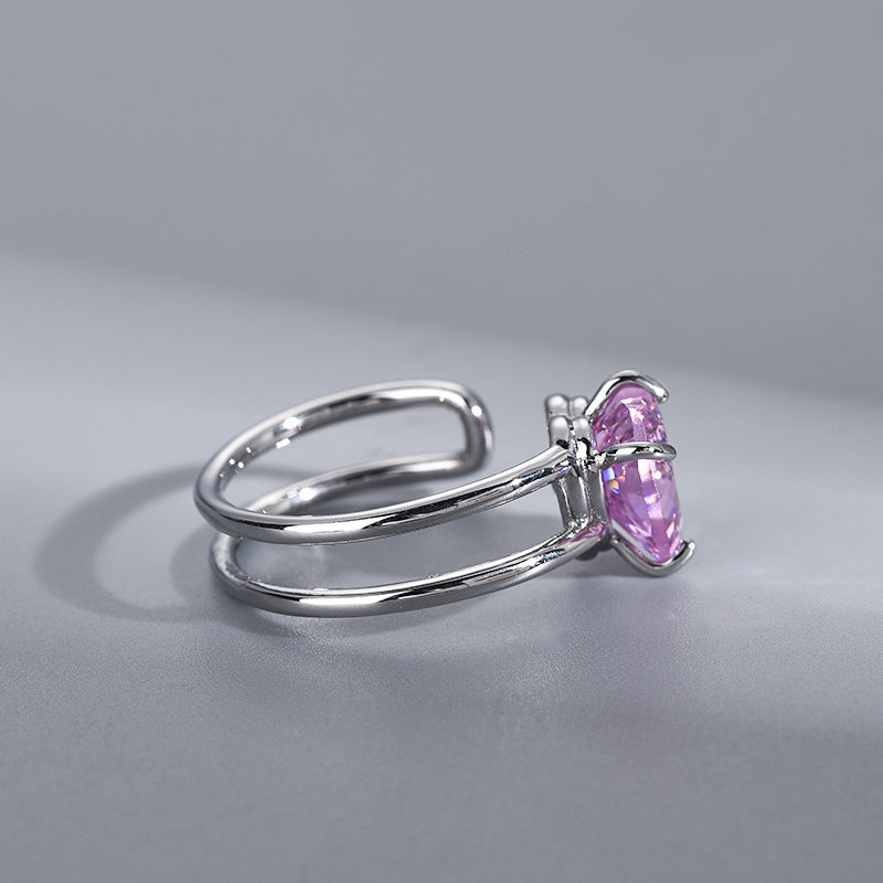 Women Heart Ring Adjustable Opening White Gold Plated Copper With Zircon Elegant Heart Shaped Jewelry Sparkles