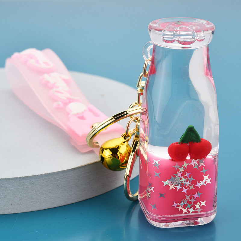 Acrylic Keychain Floating Fruit Yogurt Bottle Design Cute Keyring Creative Accessory Durable Pendant Yellow Pink