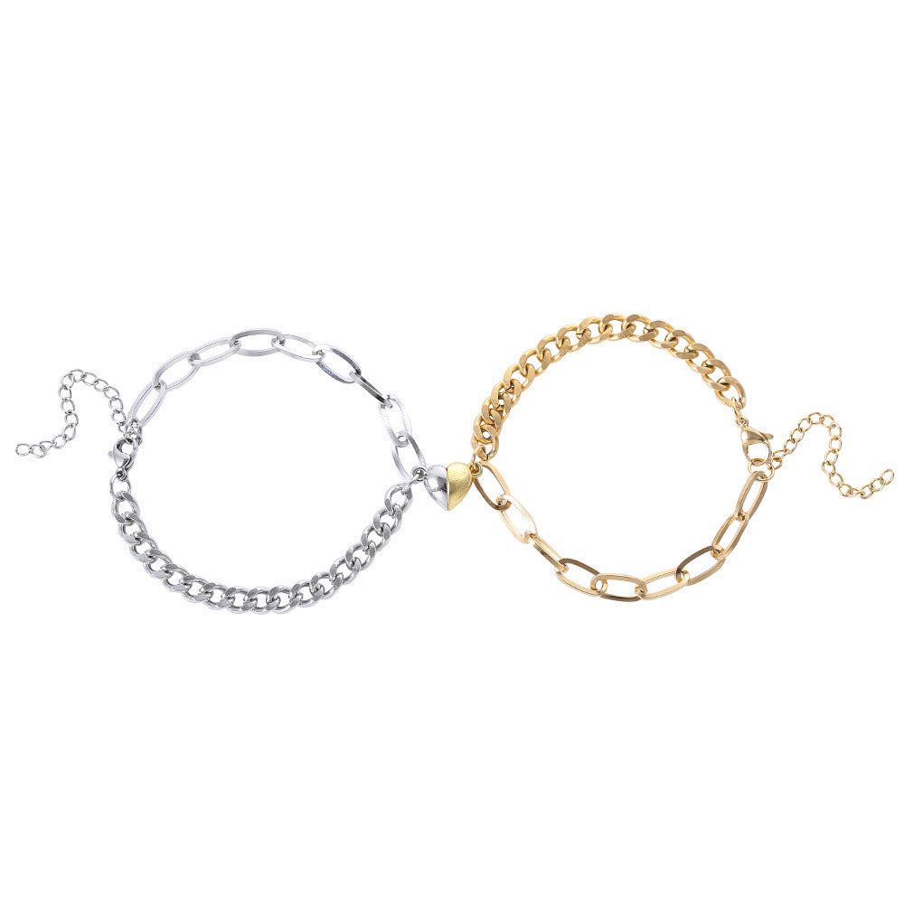 Couples Matching Bracelet Set Stainless Steel Love Magnet Bracelet Adjustable Length Relationship Jewelry Gift