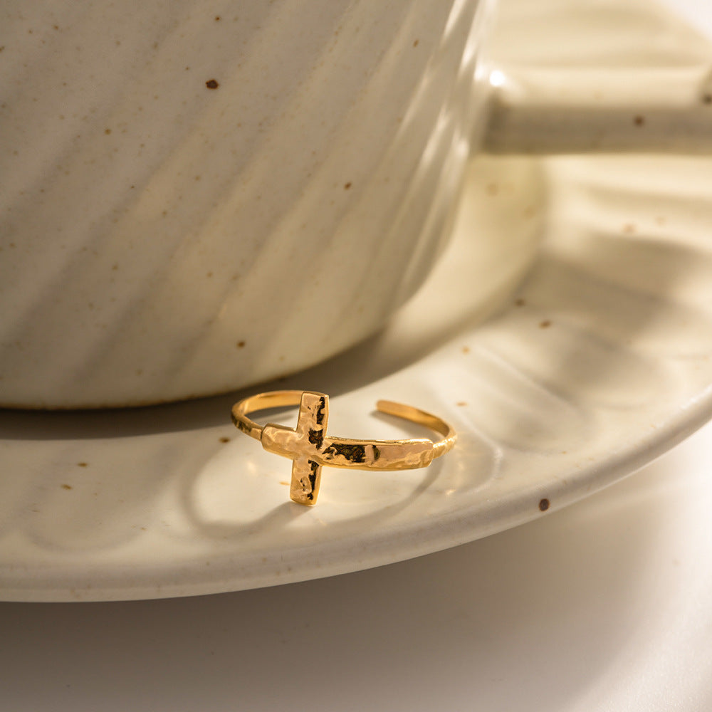 Womens Cross Open Ring Stainless Steel Adjustable Geometric Fashion Jewelry Modern Elegant Statement Piece Lux