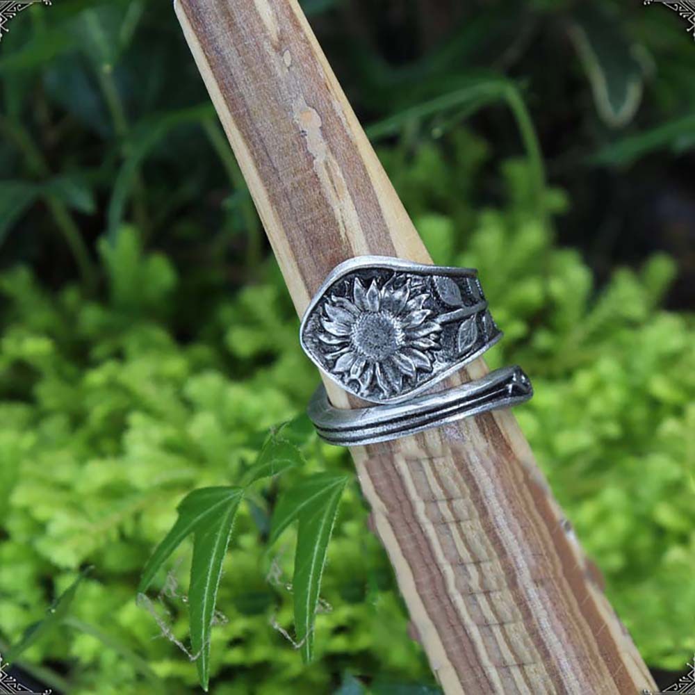 Women Sunflower Ring Adjustable Opening Geometric Silver Alloy Ring Vintage Floral Style For Women Daily Style