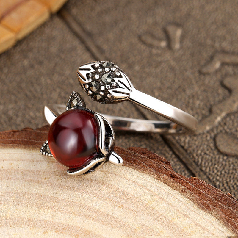 Adjustable Garnet Ring Copper Animal Zodiac Geometric Design Retro Fashion Opening Ring 5.5mm Stone Fox Garnet