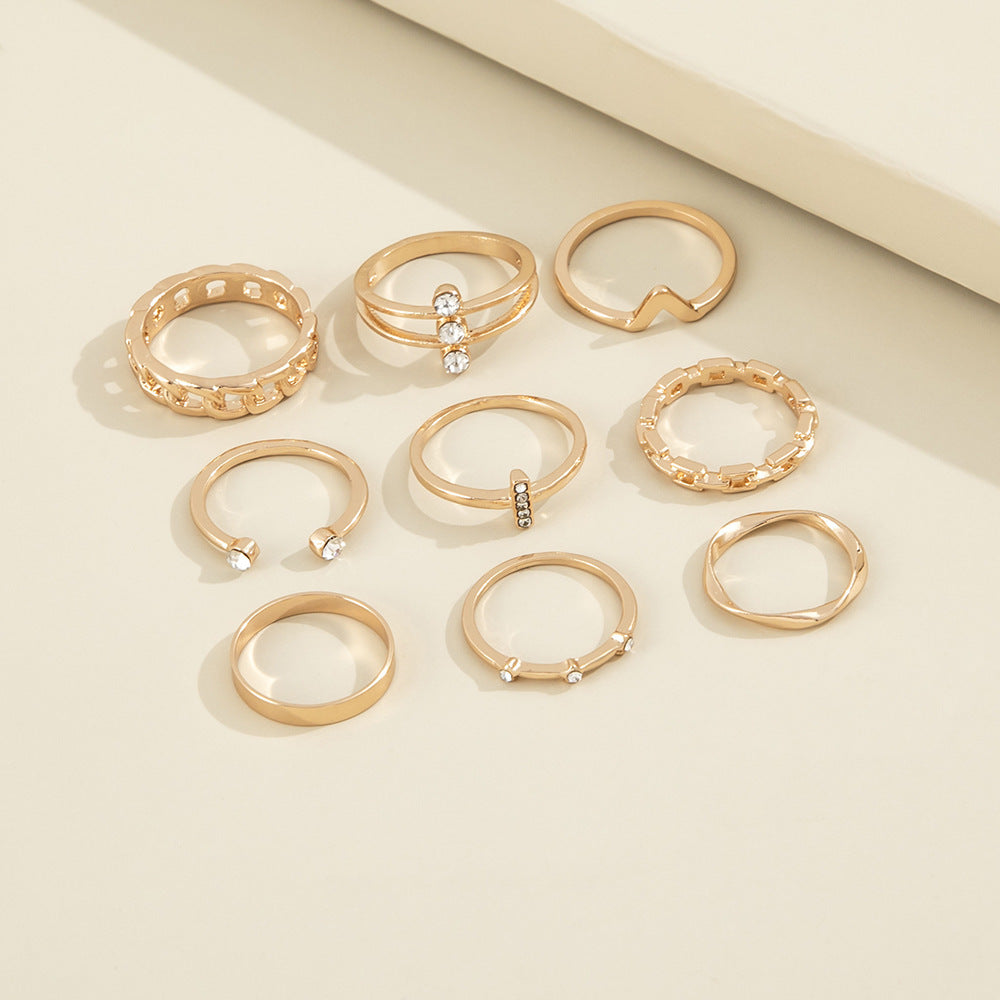 Women Ring Set 9 Piece Cross V Twist Geometric Alloy Rings With Artificial Gems Electroplated Fashion Everyday