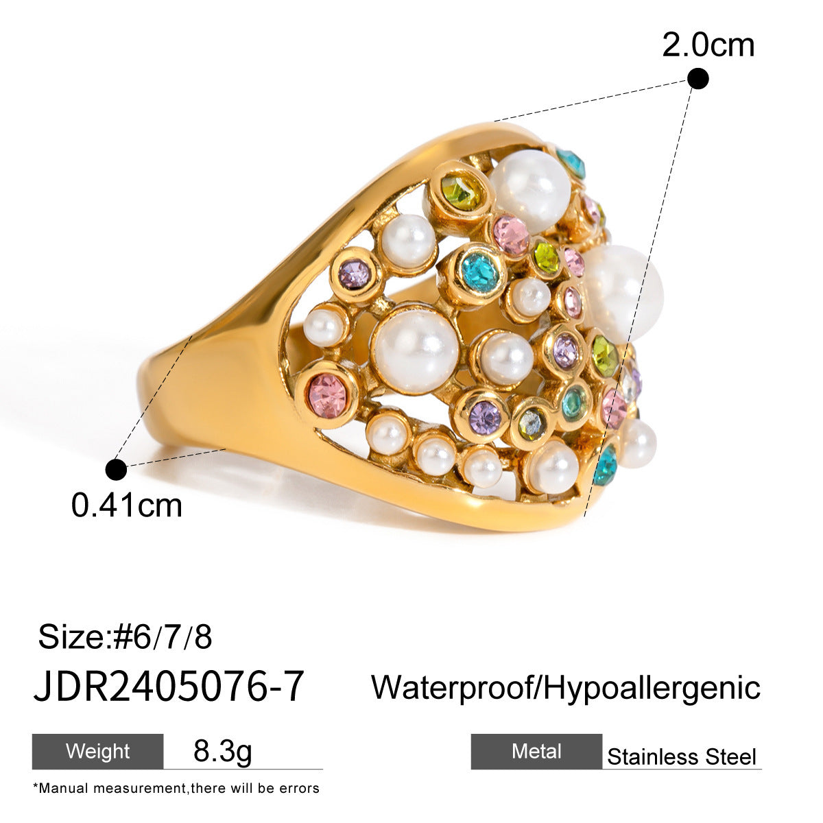 Women Ring Stainless Steel Pearl Eye Catching Geometric Round Electroplated European American Trendy Fashion Accessory