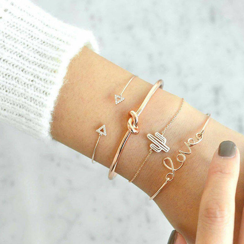 Womens Bracelet Set Of 4 Fashion Alloy Bracelets With Triangle Knotted Love Letter Cactus Designs Electroplated