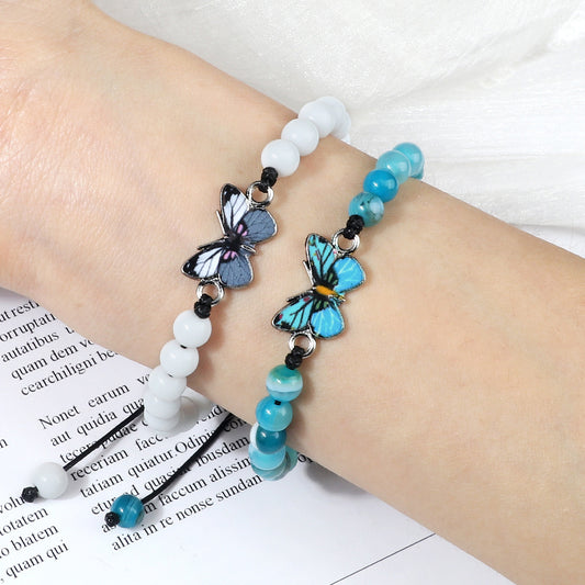 Woven Butterfly Bracelet Adjustable Handmade Tiger Eye Volcanic Rock Agate White Porcelain Bead Jewelry Gift For Women