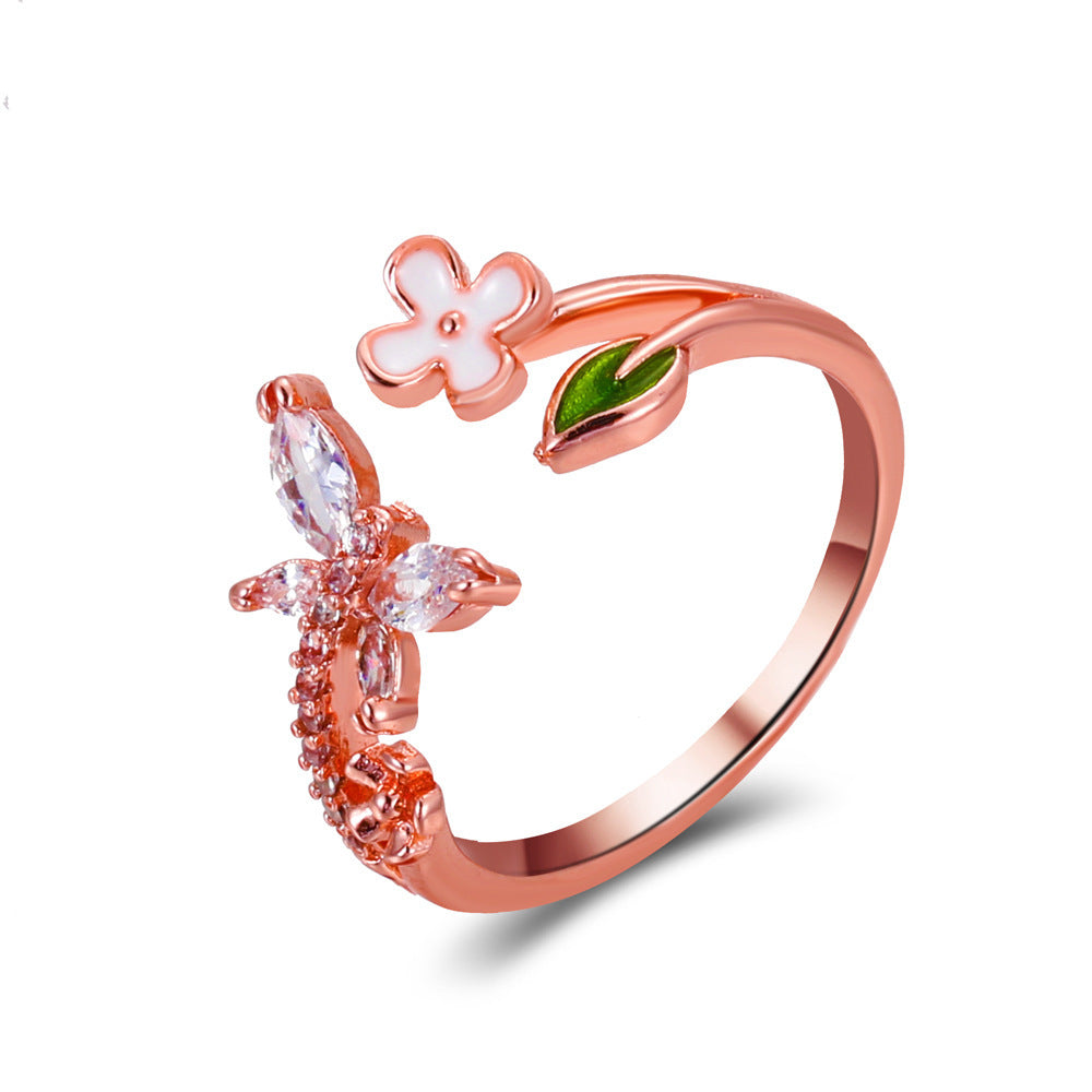 Womens Adjustable Ring With Diamond Butterfly And Small Flower Design Copper Alloy Inlaid With Art Gem Inlay