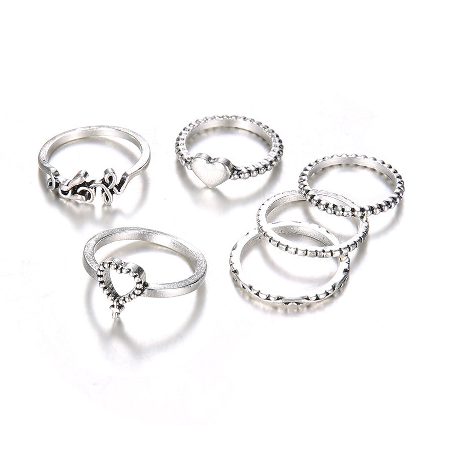 Retro Carved Five Piece Ring Set for Women Geometric Alloy White Electroplated Knuckle Rings Elegant Vintage Style