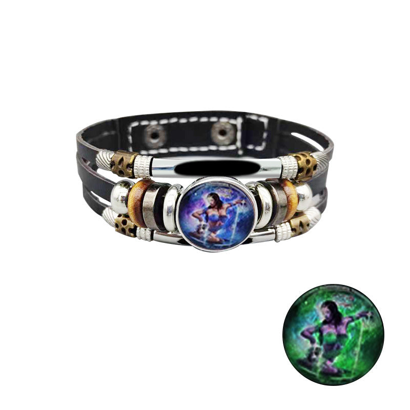 Unisex Retro Leather Bracelet Constellation Luminous Zodiac Sign Alloy Inlay Vintage Jewelry Gift Perfect Gift