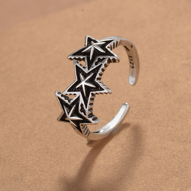 Unisex Hip Hop Double Ring With Triple Five Pointed Star Design Copper Ring In Thai Silver Color Style Glow Up