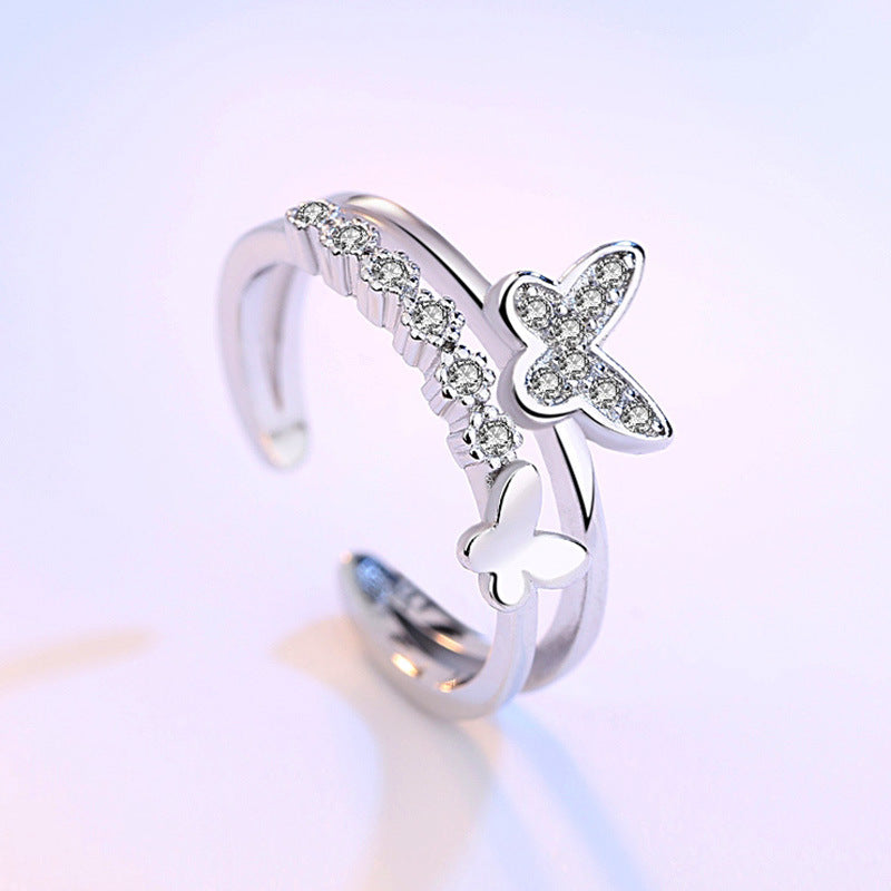 Heart Shaped Butterfly Zircon Ring With White Diamond Accents Tail Ring Design Electroplated Metal Alloy Style