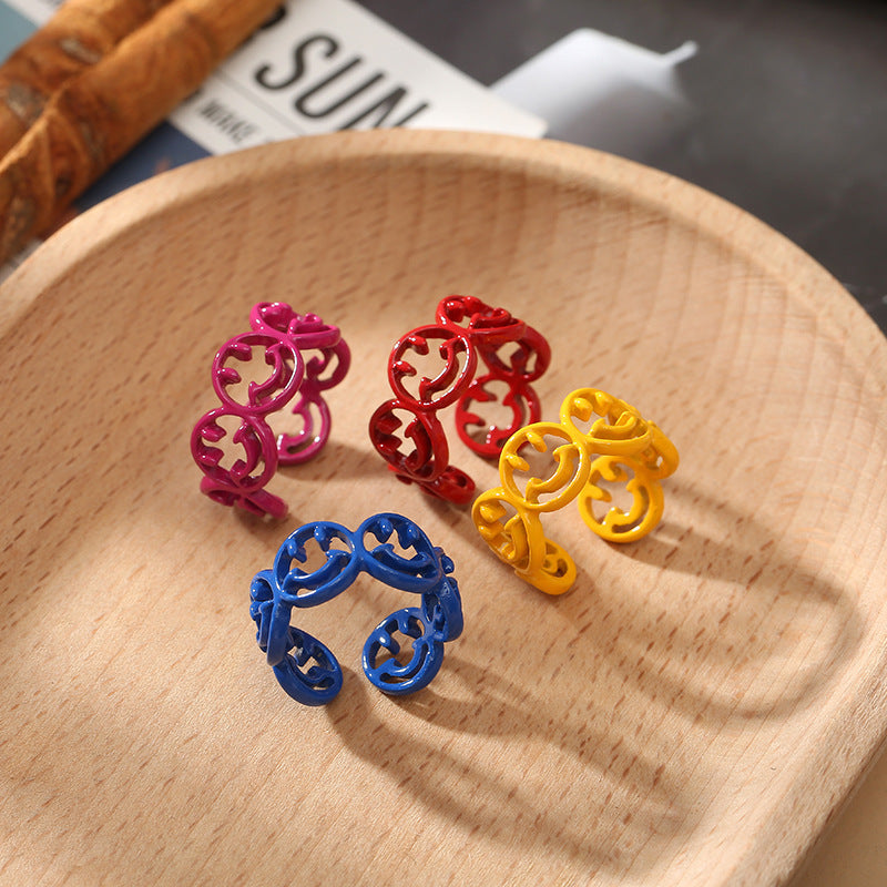 Mens Vintage Hollow Steel Ring Electroplated Retro Fashion Design For Index Finger Packed Color Yellow Red Blue Rose