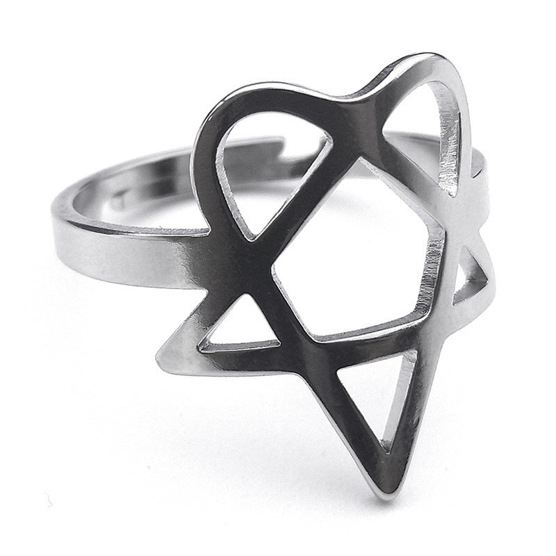 Unisex Stainless Steel Ring with Hollow Pentagram Geometric Design for Fashion Ornament and Style Satin Finish