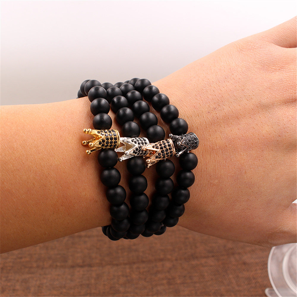 Womens Gun Black Frosted Stone Bracelet Bangle With Micro Zircon Inlaid Crown Jewelry Elegant Gift Natural Stone