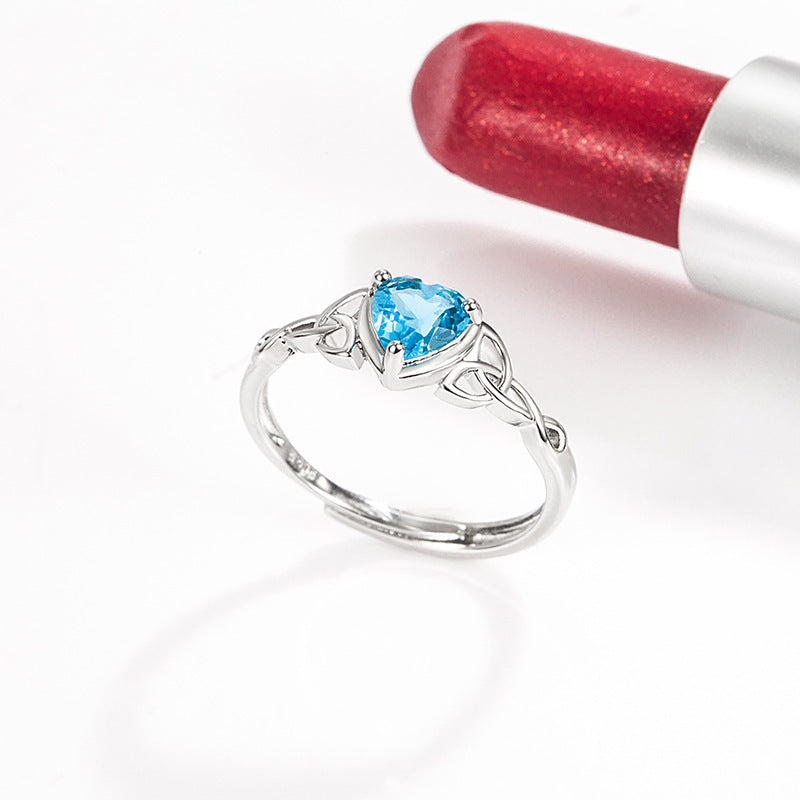 Womens Heart Ring Zirconia Gemstones Adjustable Copper Band Emerald Blue Peridot Ruby Purple Open Heart Design