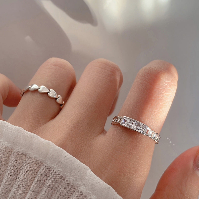 Womens Silver Ring Korean Texture Square Ring Diamond Chain Ring Electroplated Geometric Ring Adjustable Opening Ring Individually Packed Festival Ring