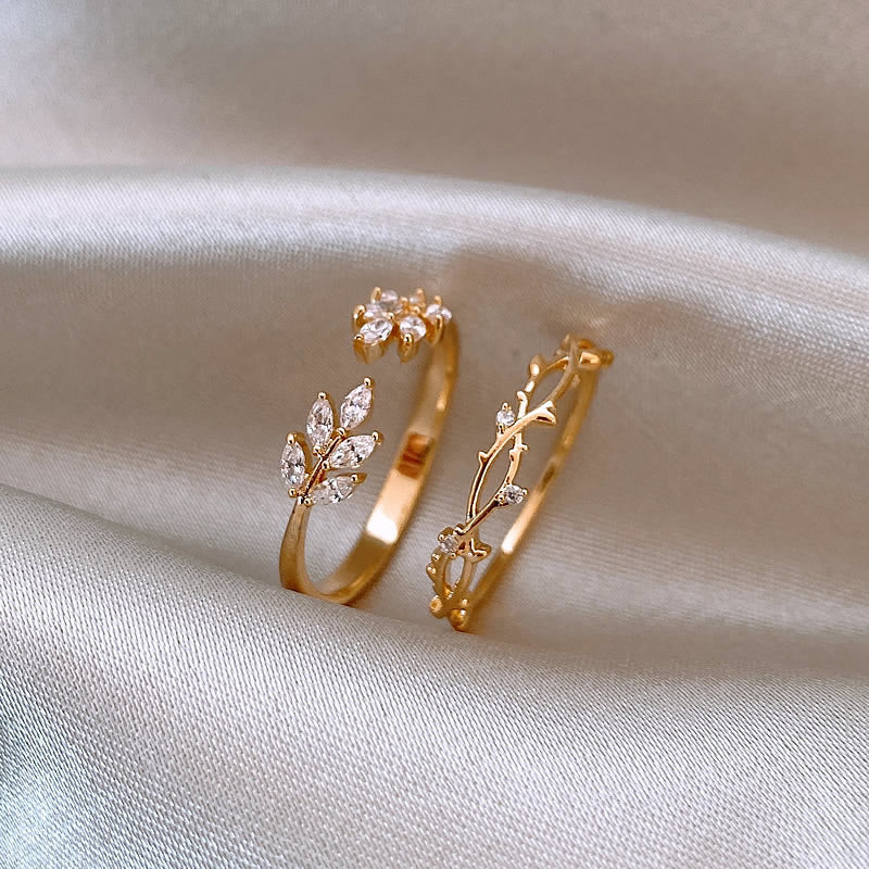 Women's Fashion Zircon Leaf Ring Set Gold Alloy Personality Rings for Her Girls Jewelry Set Elegant Design Two Piece Ring Set