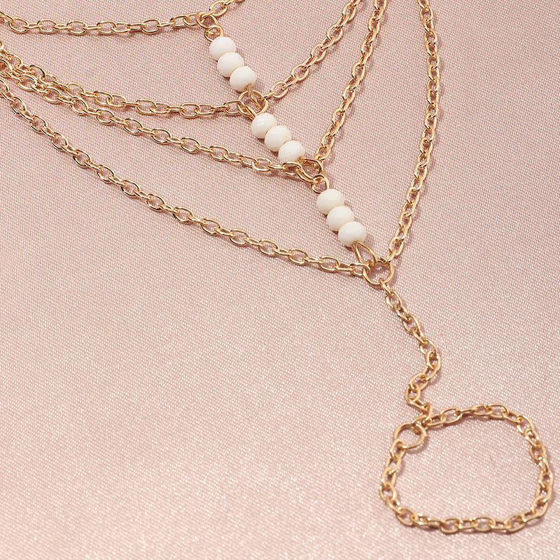 Gold Alloy Layered Bracelet With Rice Beads And Tassel Women