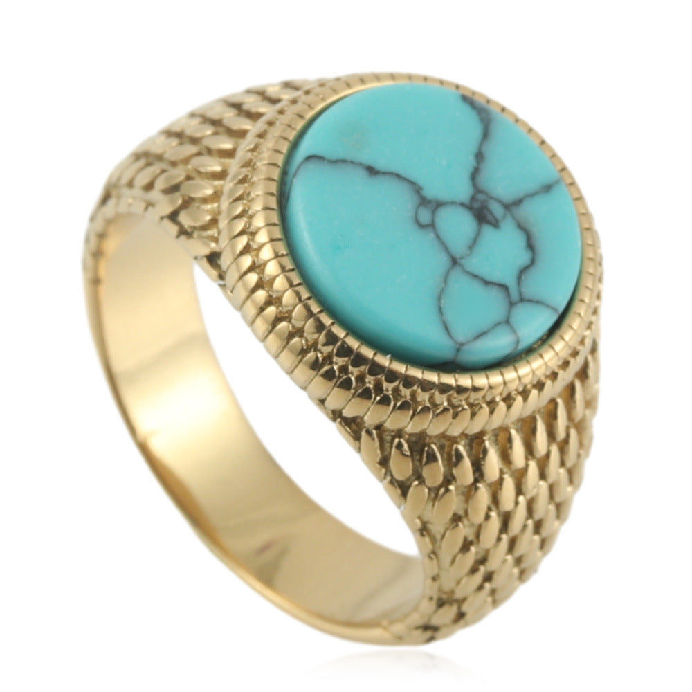 Titanium Steel Turquoise Ring Mens Round Stone Circle Band Stainless Steel 7 8 9 10 11 12 13 Bold Modern Style