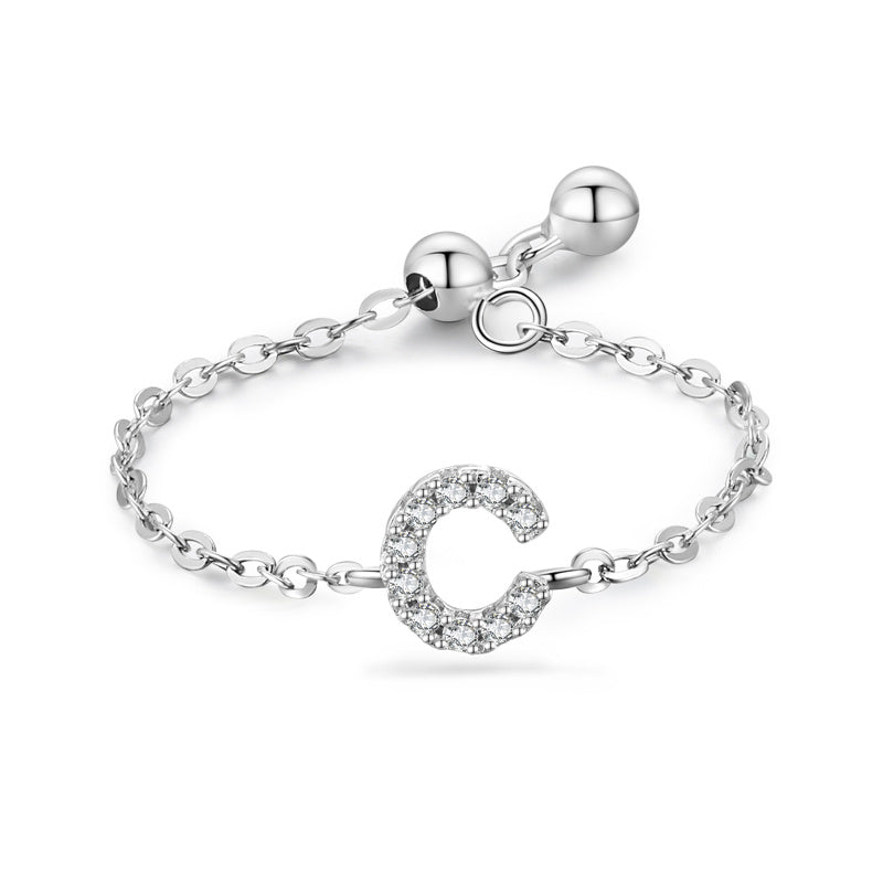 Womens Letter Chain Ring Adjustable Opening Female Fashion Ring Niche Design Love Thin Silver Jewelry English Ring