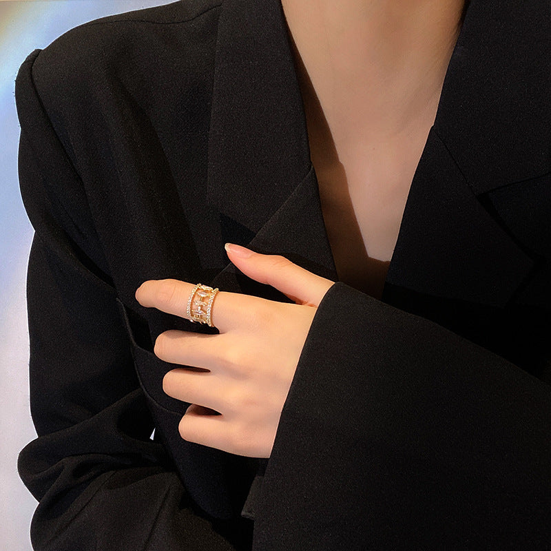 Women Adjustable Zircon Ring Copper Gold Tone Geometric Korean Style Opening Ring With Clear Stones Elegant Sparkling