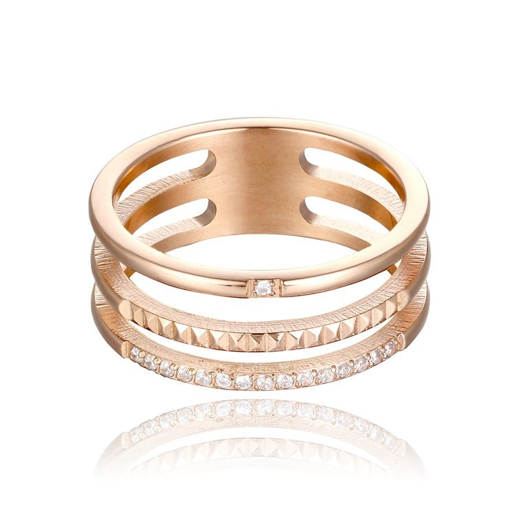 Unisex Ring Stainless Steel Gold Three Tier Rose Design With Diamonds Round Band Statement Fashion Jewelry Ring For Women And Men