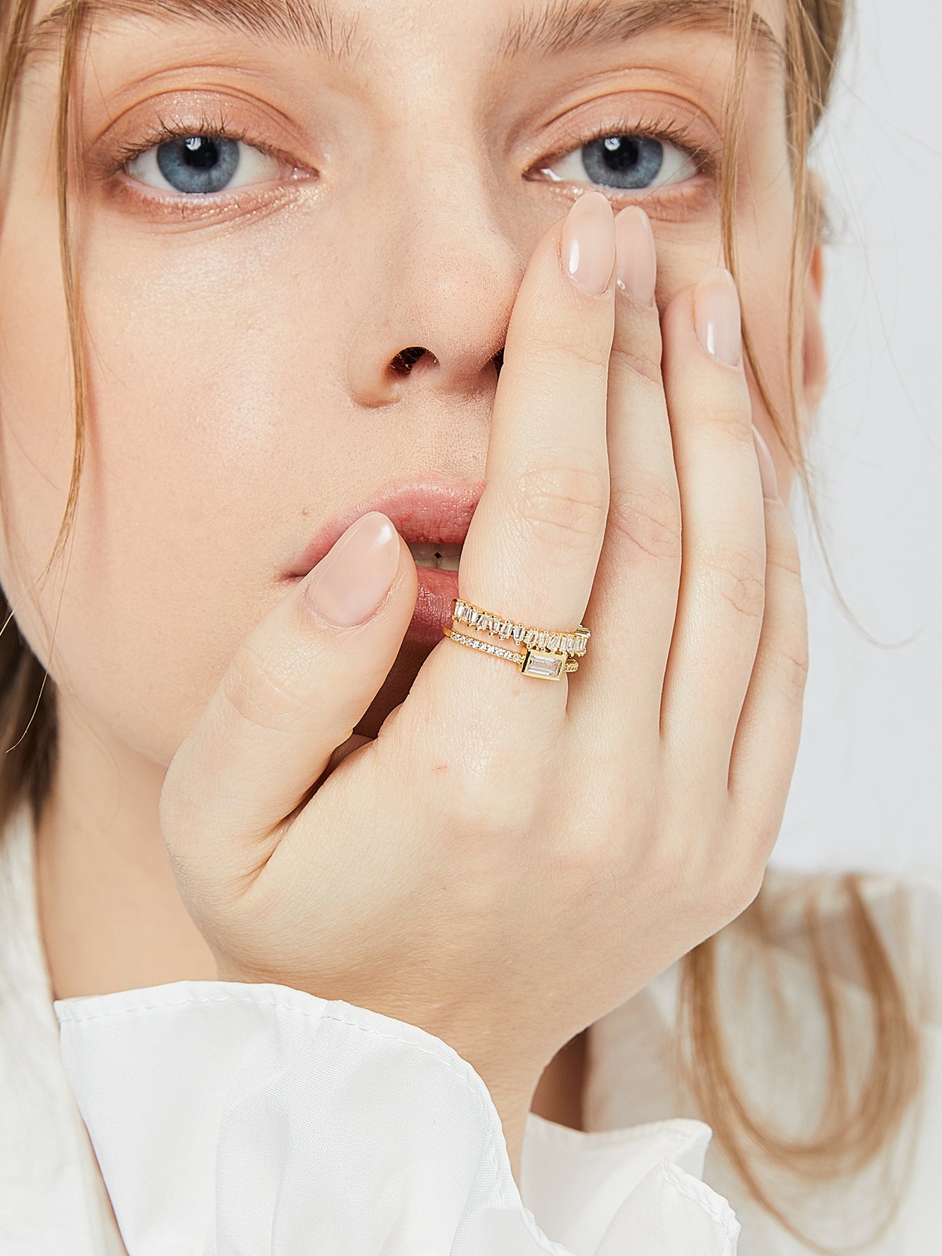 Women Geometric Double Layer Ring Zircon Copper Gold