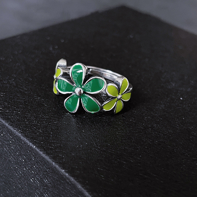 Enamel Green Flower Ring Adjustable Copper Jewelry Gift