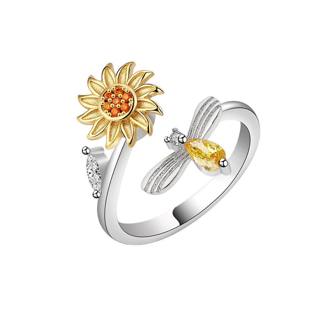 Womens Adjustable Rotating Sunflower Ring Zircon Inlaid Copper White Color Plated Durable Fashion Jewelry Gift