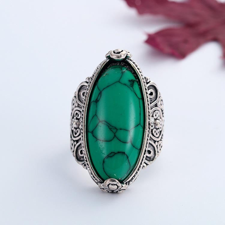 Womens Alloy Turquoise Ring With Gemstone Inlay Retro Carved Fashion Ring Electroplated Individually Packed Securely