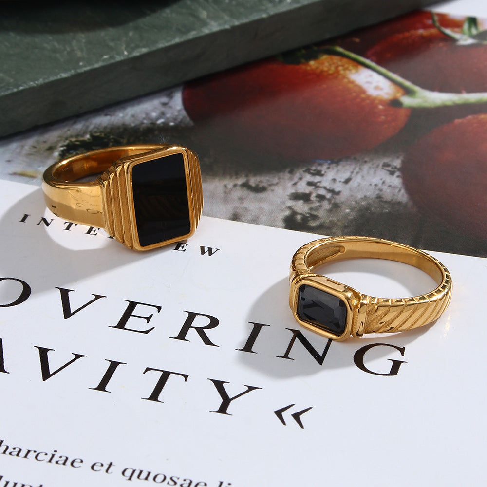 Geometric Square Stainless Steel Ring Women Striped Black Zircon Texture Electroplated Thin Jewelry Fashion Size 6 7 8