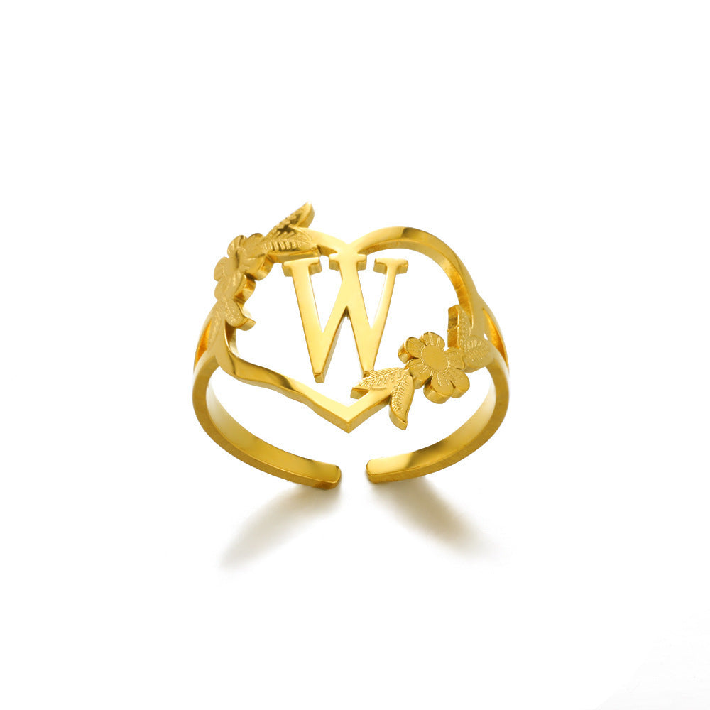 Heart Shaped Initial Rings Women Adjustable Stainless Steel Letters Ring Unisex European Design Letters Numbers