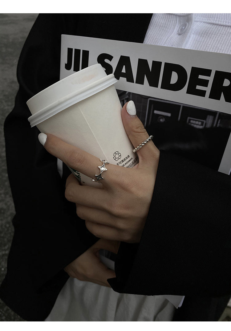 Open End Star Ring Four Eight Pointed Stars Korean Silver