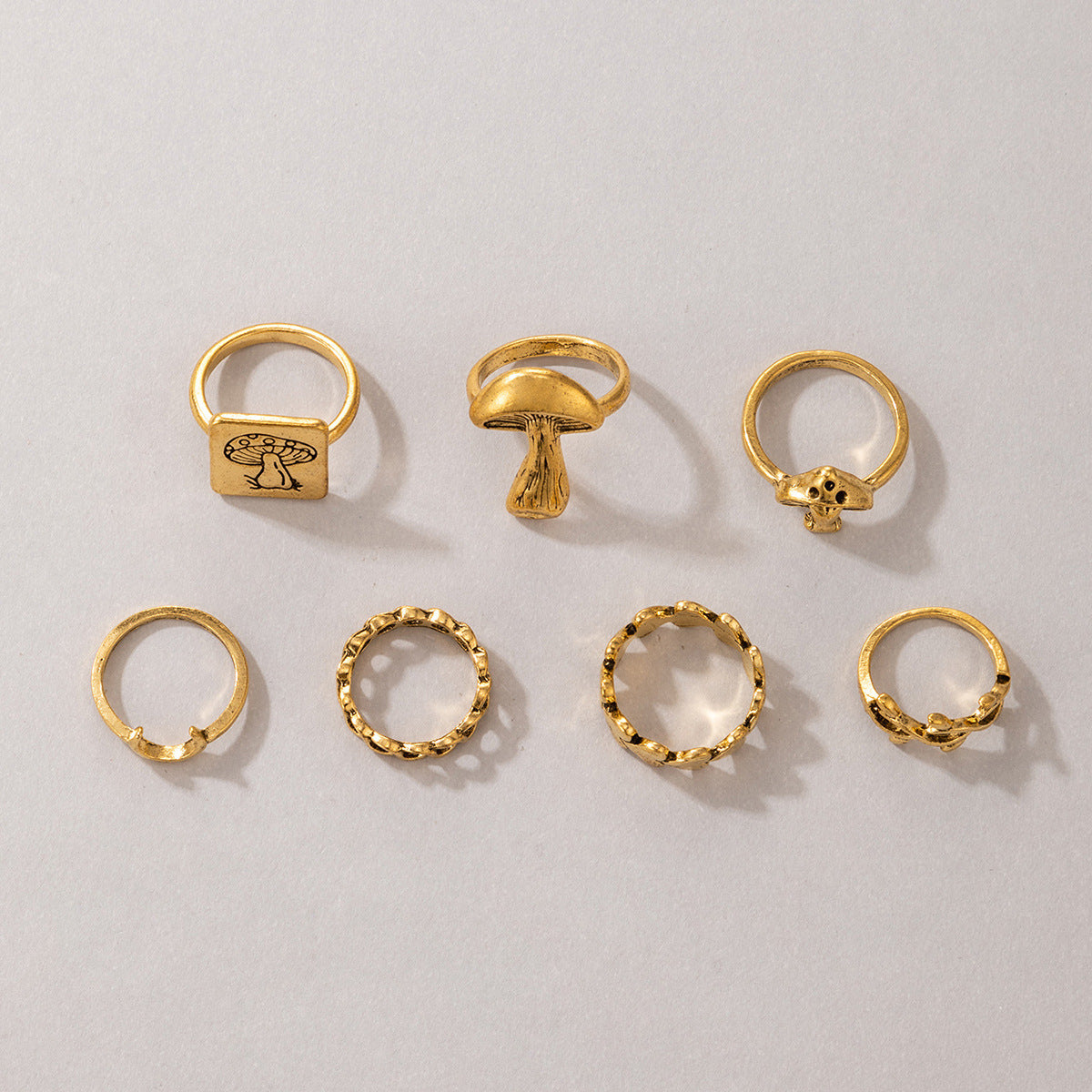 Geometric Moon and Mushroom Ring Set in Gold Silver Alloy