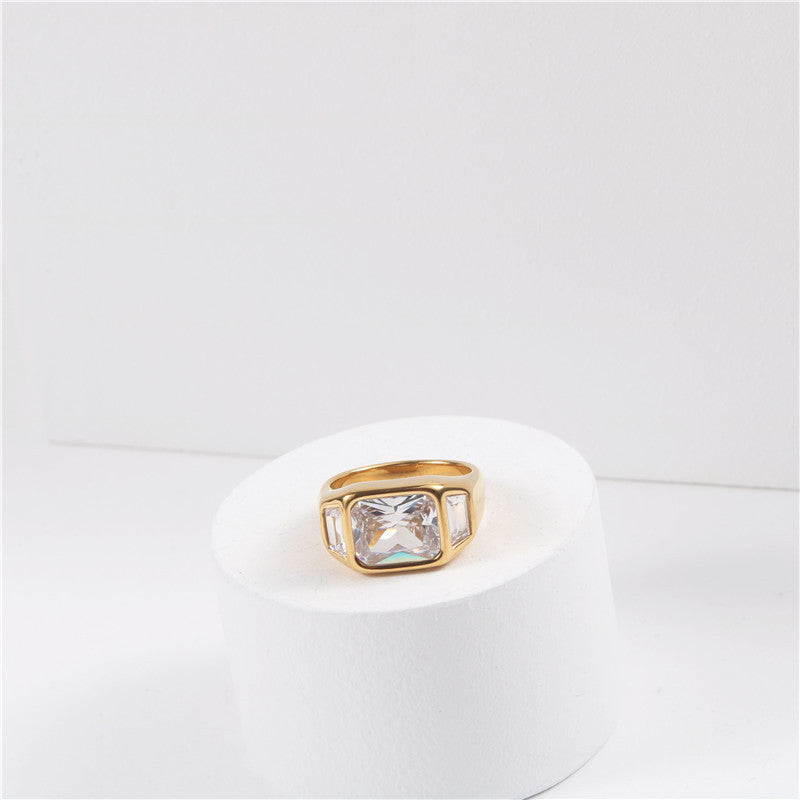 Geometric Zircon Stainless Steel Ring with Golden Finish Statement Jewelry for Women Elegant Fine Jewelry Gift