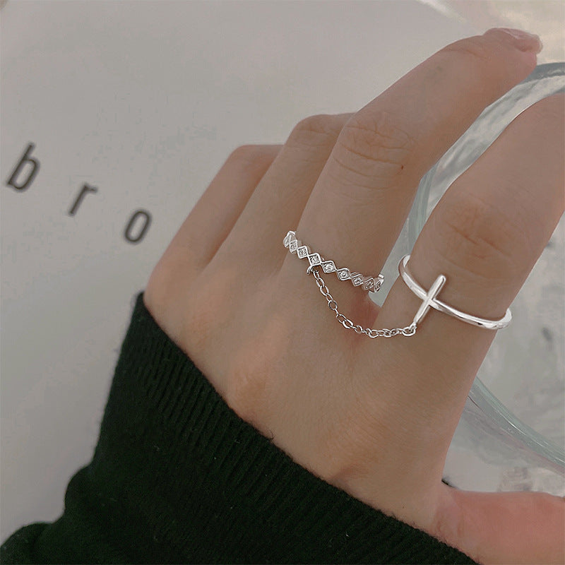 Geometric Double Ring for Women with Diamond Cross Copper Band Adjustable 3mm Diamond 8mm Cross Korean Zircon Inlay