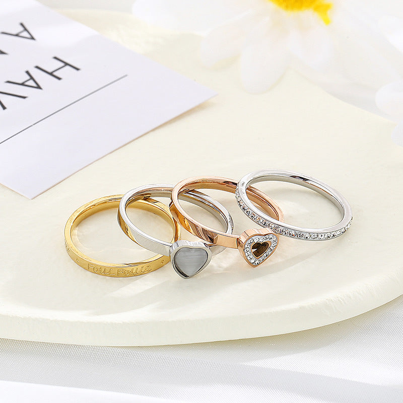 Women Titanium Steel Heart Shaped Ring Electroplated With Diamond Accent For Her Everyday Wear Jewelry Gift Set