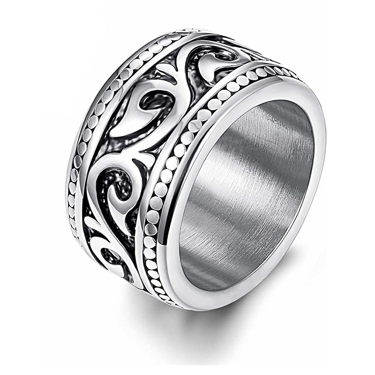 Mens Titanium Steel Ring 13mm Wide Geometric Totem Design Vintage Style Band Distressed Silver Finish For Men Everyday